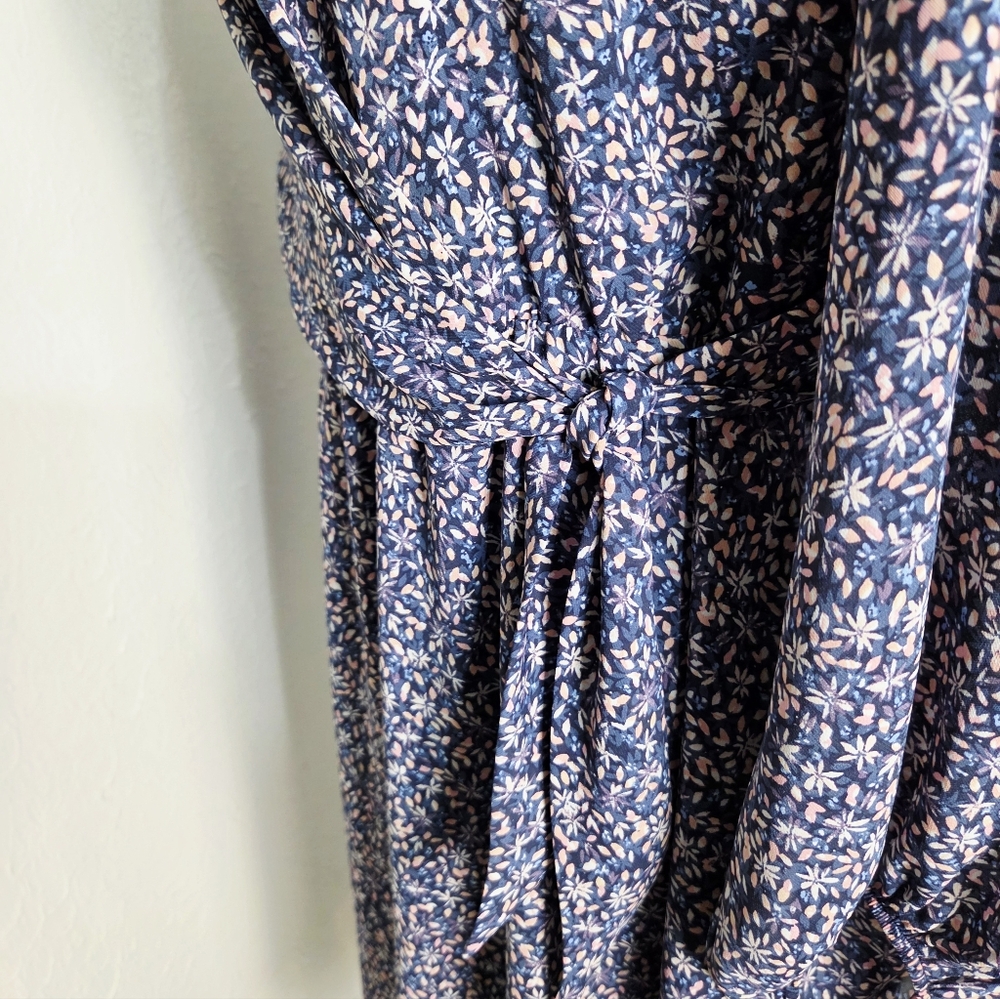 Banana Republic Blue & Pink Floral Ruffle-Neck Dress, Ties on the Side, Size 14 - Picture 9 of 15